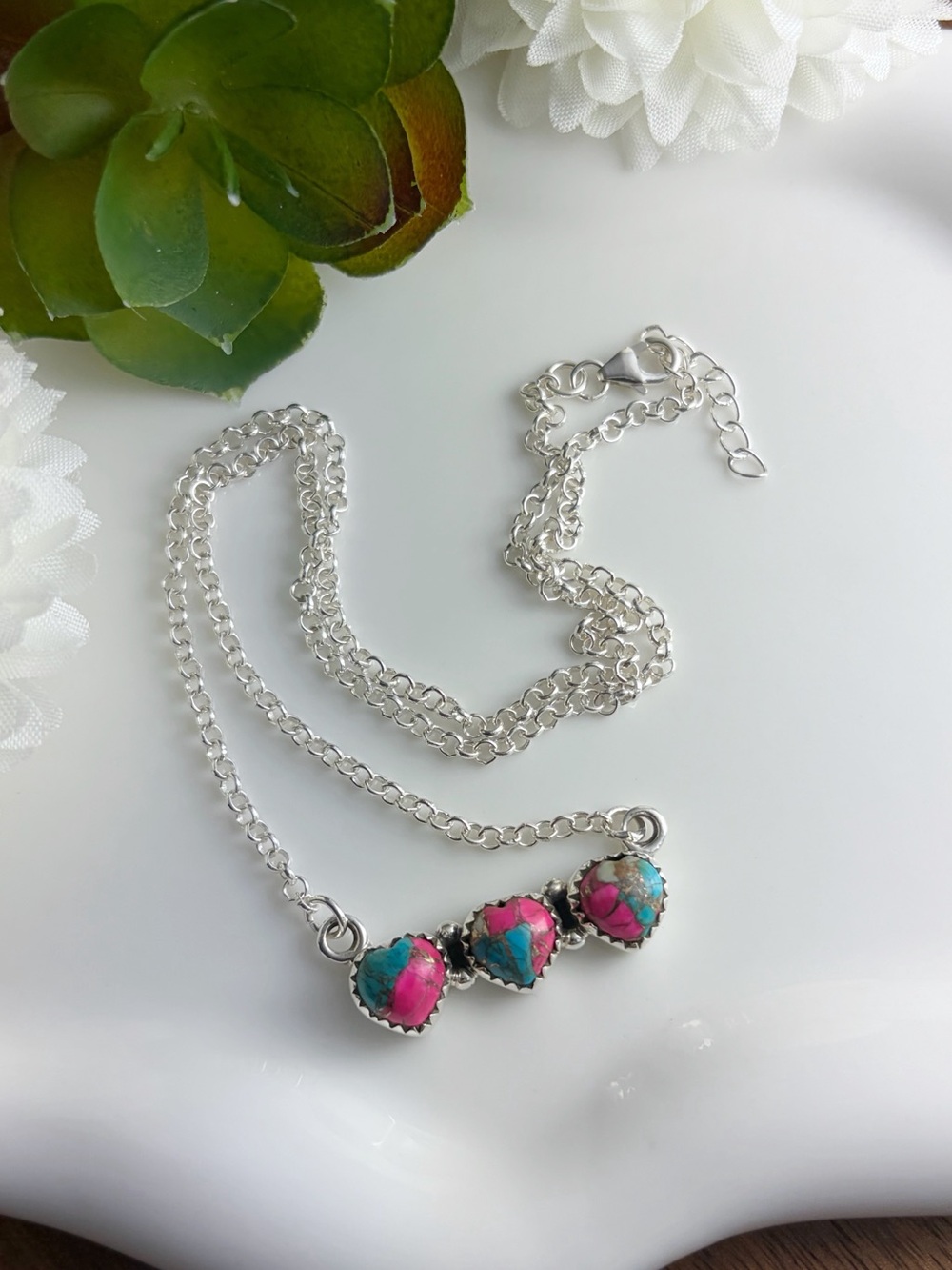 Sterling Silver 925 Genuine Pink Dahlia Copper Turquoise Three Heart Necklace